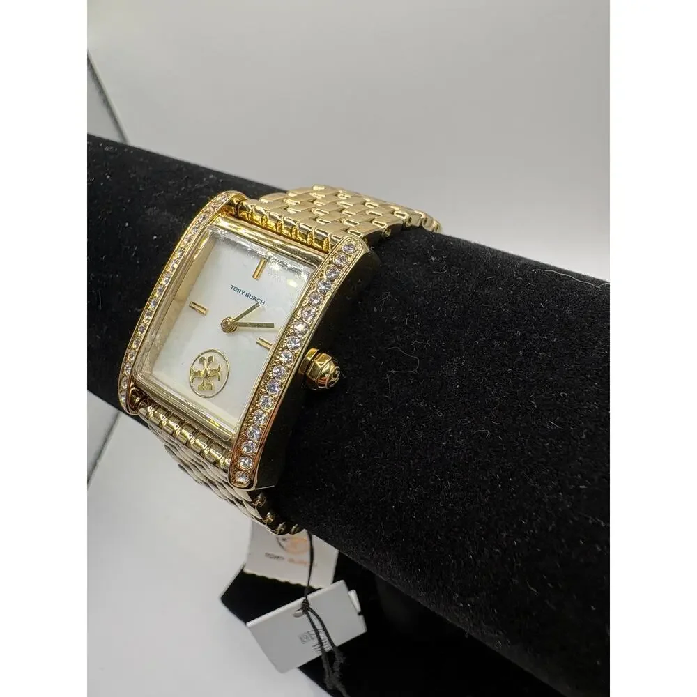 Tory Burch Women Watch Gold Crystal Bezel Mop Dial Rectangular Bracelet Nwt Gold